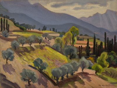 Pyrgos Area, View with Olive Trees, Mountain Background — Oil painting, Canvas, 50.00×65.00cm — Theodoros Markellos